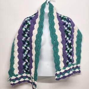 Hand Crochet Scarf Purple Aqua Wave Pattern Mermaid Vibes Shimmer Afghan Knit